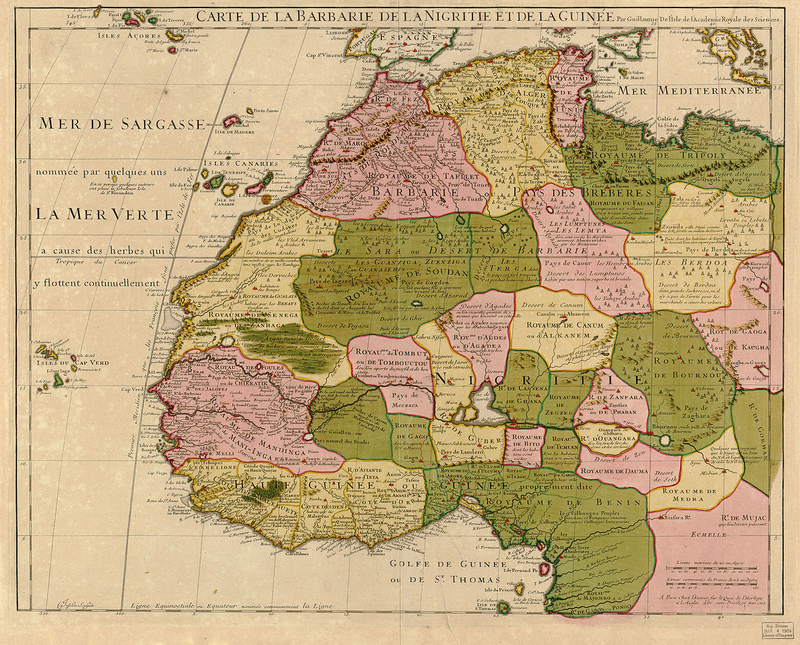 Mapa del norte de África de 1707 según Guillermo Delisle, ampliándolo se aprecia la isla algo al oeste de Canarias. Wikimedia Commons